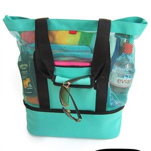 Bright teal mesh beach bag